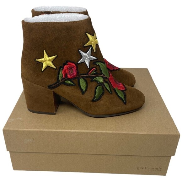 NEW Gentle Souls Women's Size 5.5 Blaise Patches Roses Walnut Ankle Booties NIB - Picture 1 of 11